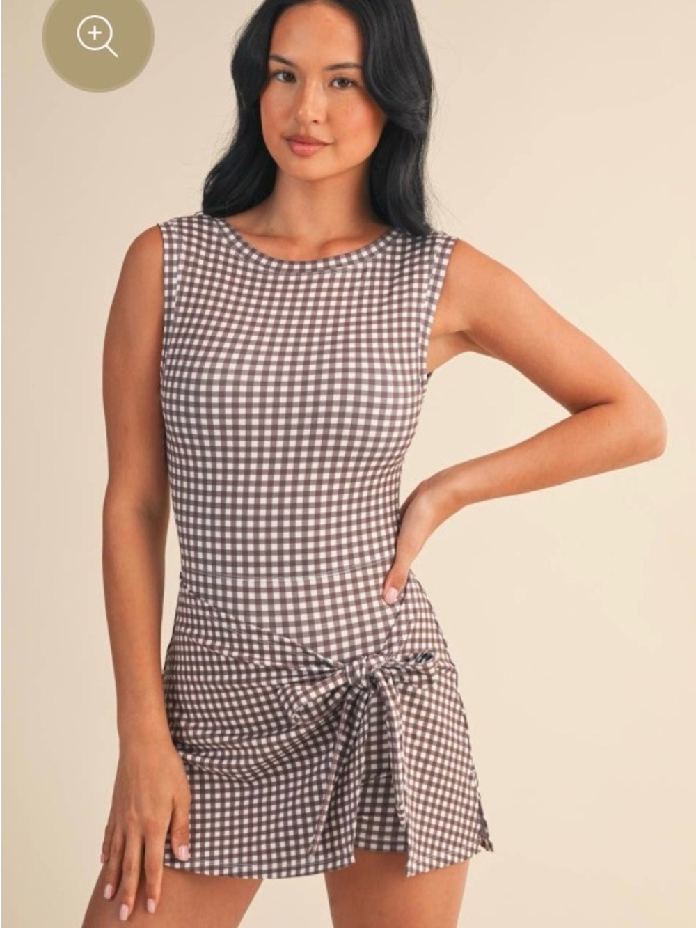 Sleeveless Brown Gingham Tie-Waist Mini Dress